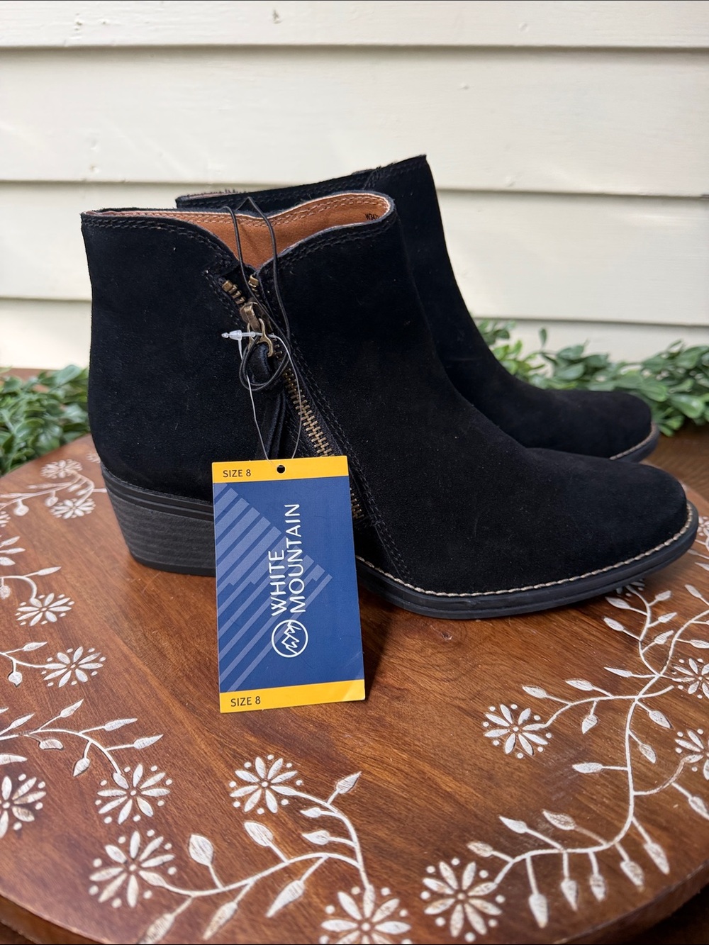 White Mountain Black Suede Ankle Booties with Side Zip NWT